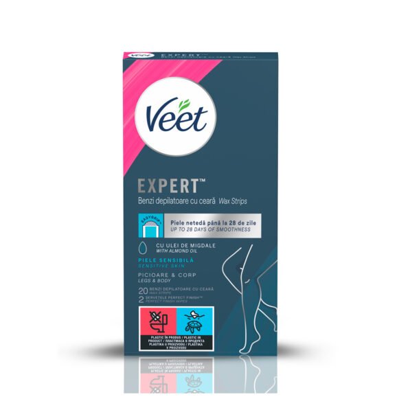 Benzi de ceară depilatoare Veet Expert Ulei Migdale pentru picioare și corp, 20 benzi