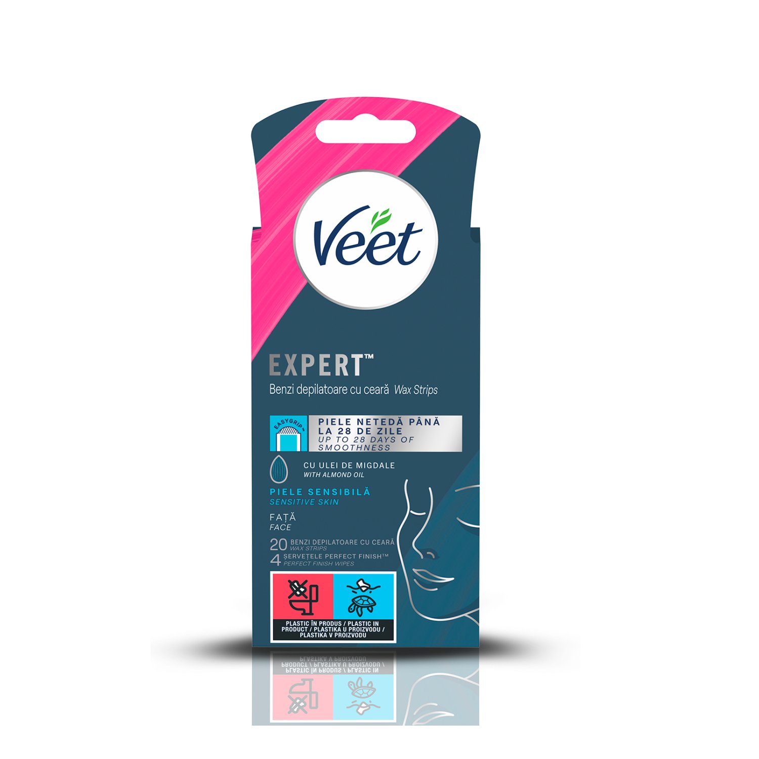 Benzi de ceară depilatoare Veet Expert pentru față cu ulei migdale, piele sensibilă, 20 benzi