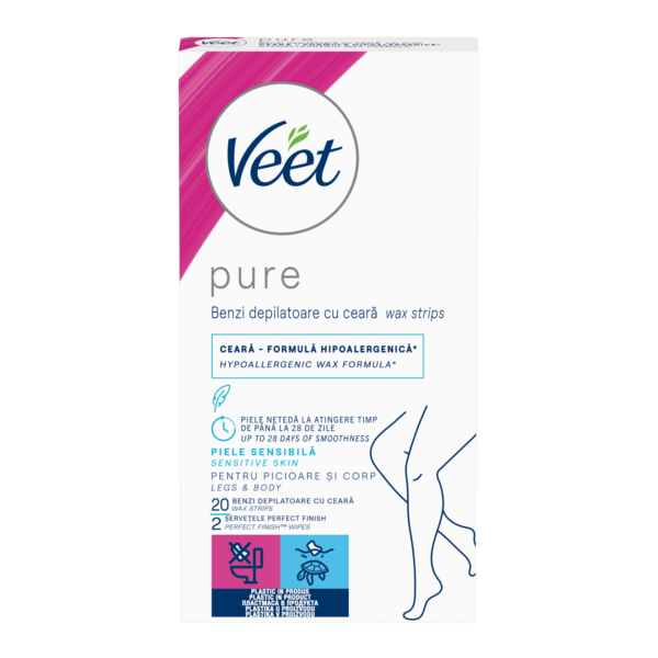 Benzi de ceară depilatoare Veet Pure pentru picioare și corp, 20 benzi