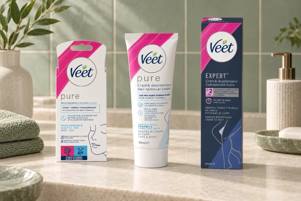 Benzi de ceară Veet Pure pentru față și creme depilatoare Veet Pure și Expert